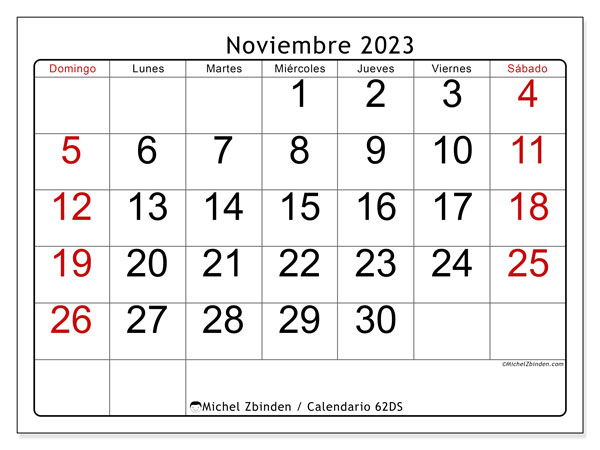 Calendario noviembre 2023 “62”. Diario para imprimir gratis.. De domingo a sábado