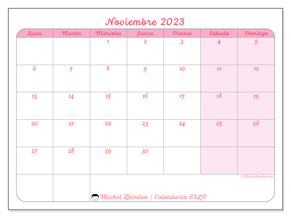 Calendario noviembre de 2023 para imprimir. Calendario mensual “63LD” y agenda imprimibile