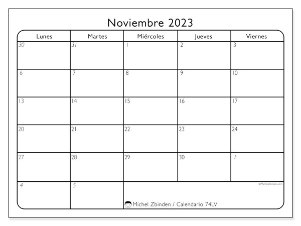 Calendario noviembre de 2023 para imprimir. Calendario mensual “74LD” y planificación para imprimer gratis