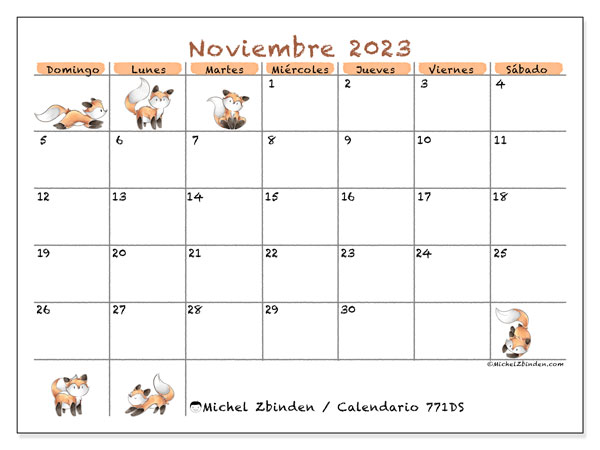 Calendario noviembre 2023 “771”. Horario para imprimir gratis.. De domingo a sábado
