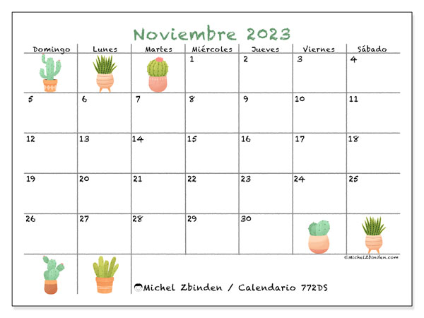 Calendario noviembre 2023 “772”. Diario para imprimir gratis.. De domingo a sábado