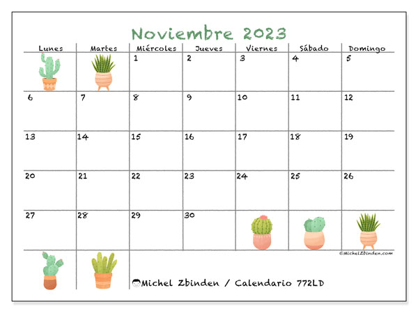 Calendario noviembre 2023 “772”. Diario para imprimir gratis.. De lunes a domingo