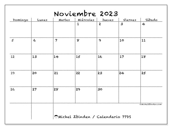 Calendario noviembre de 2023 para imprimir. Calendario mensual “77DS” y agenda imprimibile