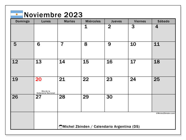 Calendário Novembro 2023, Argentina (ES). Jornal gratuito para impressão.