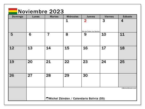 Calendario novembre 2023, Bolivia (ES). Piano da stampare gratuito.