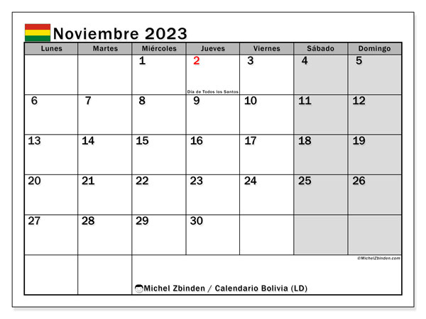 Bolivia (LD), calendario de noviembre de 2023, para su impresión, de forma gratuita.