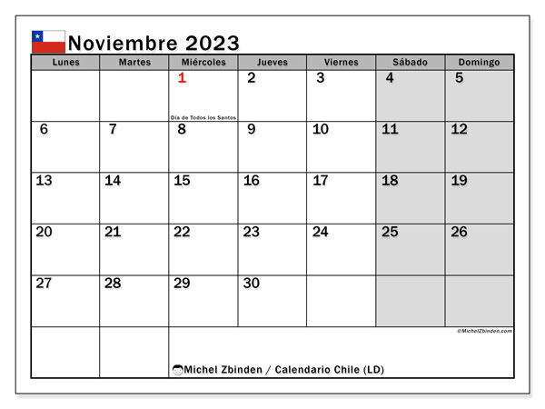 Calendario para imprimir, noviembre de 2023, Chile (LD)
