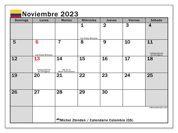 Calendario noviembre 2023 “Colombia”. Horario para imprimir gratis.. De domingo a sábado