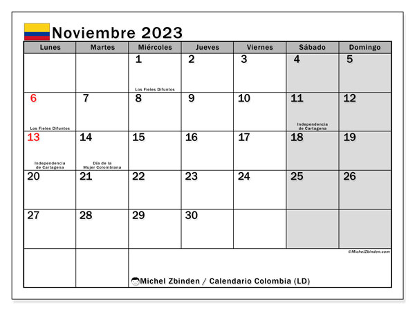 Calendario noviembre 2023 “Colombia”. Horario para imprimir gratis.. De lunes a domingo