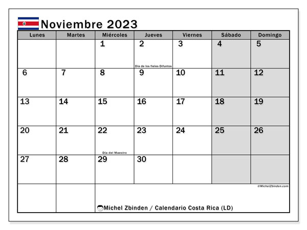 Calendario noviembre 2023 “Costa Rica”. Horario para imprimir gratis.. De lunes a domingo