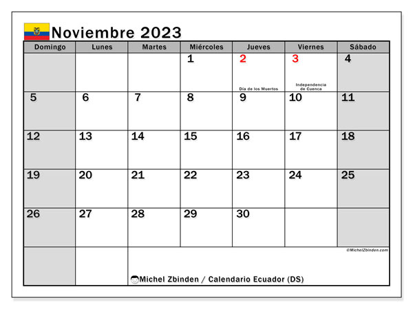 Calendario novembre 2023, Ecuador (ES). Piano da stampare gratuito.