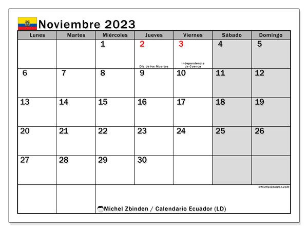 Calendario “Ecuador (LD)” para imprimir, con festivos. Calendario mensual noviembre de 2023 y cronograma imprimibile.