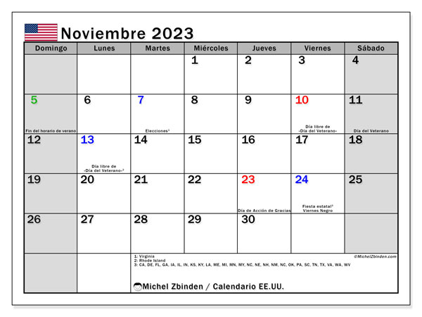 Calendar noiembrie 2023, SUA (ES). Jurnal imprimabil gratuit.