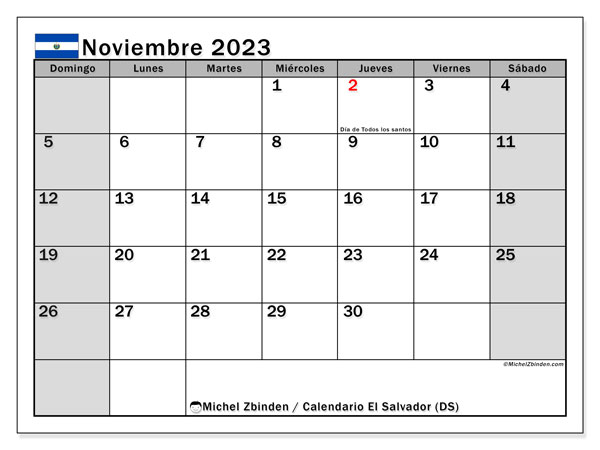 Calendario noviembre 2023 “El Salvador”. Calendario para imprimir gratis.. De domingo a sábado