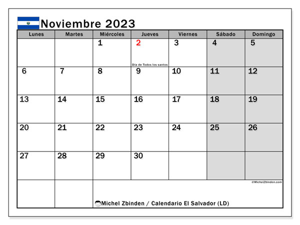 Calendario noviembre 2023 “El Salvador”. Calendario para imprimir gratis.. De lunes a domingo