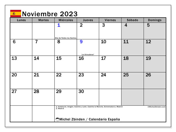 España, calendario de noviembre de 2023, para su impresión, de forma gratuita.