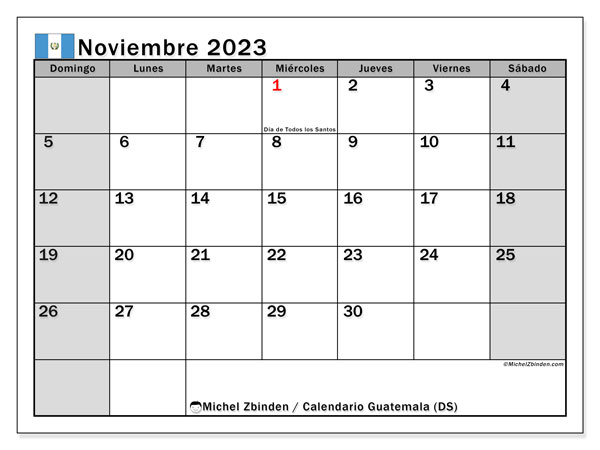 Calendario para imprimir, noviembre 2023, Guatemala (DS)