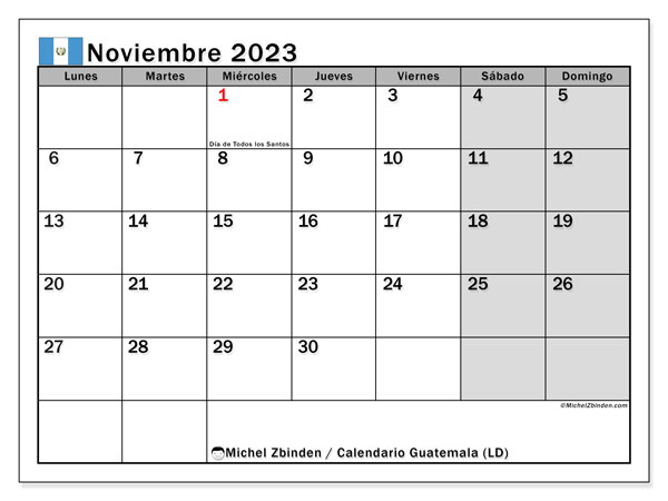 Calendario para imprimir, noviembre 2023, Guatemala (LD)