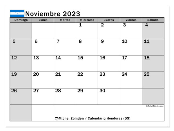 Calendário Novembro 2023, Honduras (ES). Jornal gratuito para impressão.