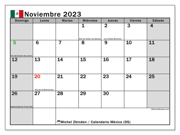 Calendario noviembre 2023 “México”. Calendario para imprimir gratis.. De domingo a sábado