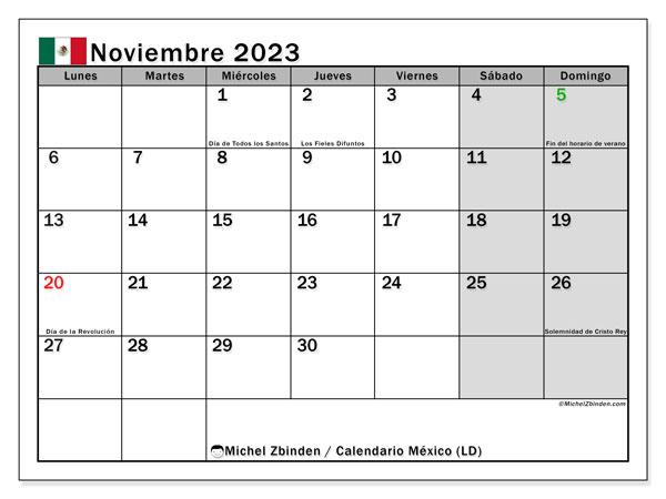 Calendario noviembre 2023 “México”. Calendario para imprimir gratis.. De lunes a domingo