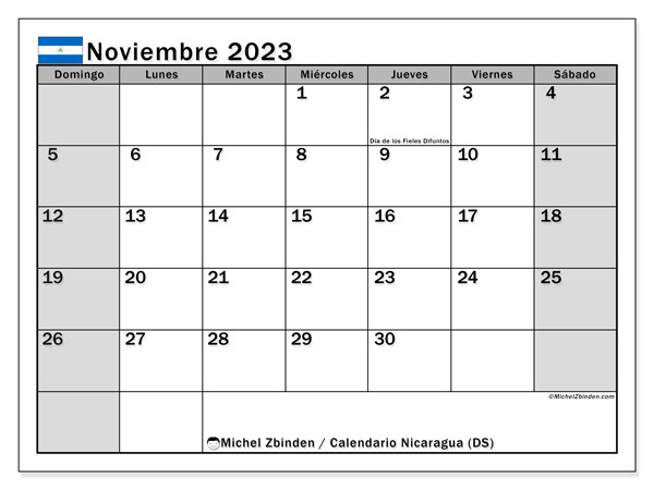 Calendario novembre 2023, Nicaragua (ES). Piano da stampare gratuito.