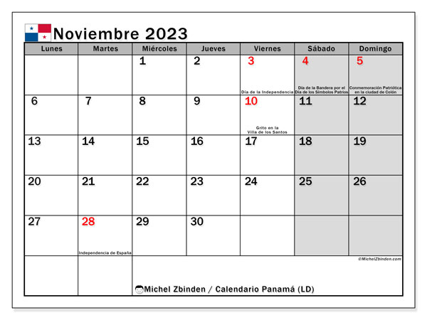 Calendario noviembre 2023 “Panamá”. Programa para imprimir gratis.. De lunes a domingo