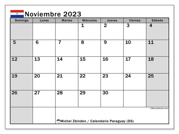 Calendario noviembre 2023 “Paraguay”. Horario para imprimir gratis.. De domingo a sábado