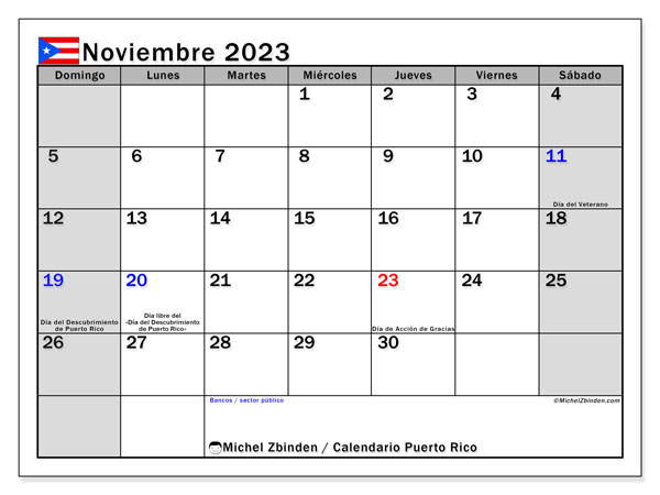 Kalendarz listopad 2023, Puerto Rico (ES). Darmowy program do druku.