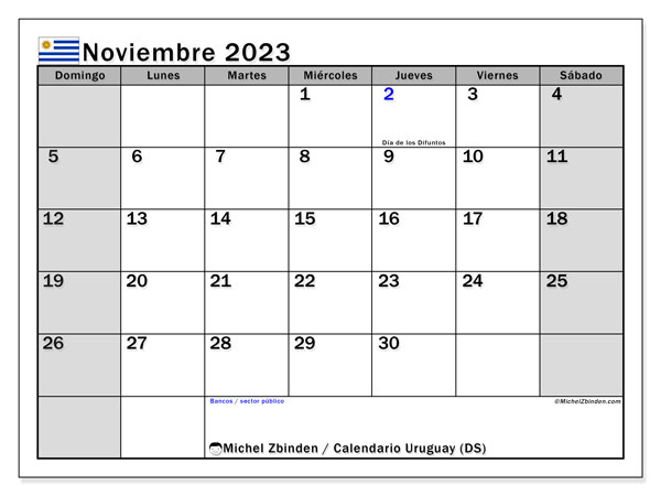 Calendario noviembre 2023 “Uruguay”. Calendario para imprimir gratis.. De domingo a sábado