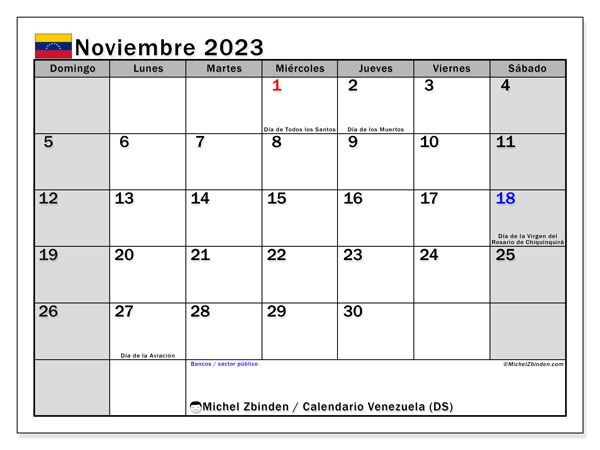 Calendario para imprimir, noviembre de 2023, Venezuela (DS)