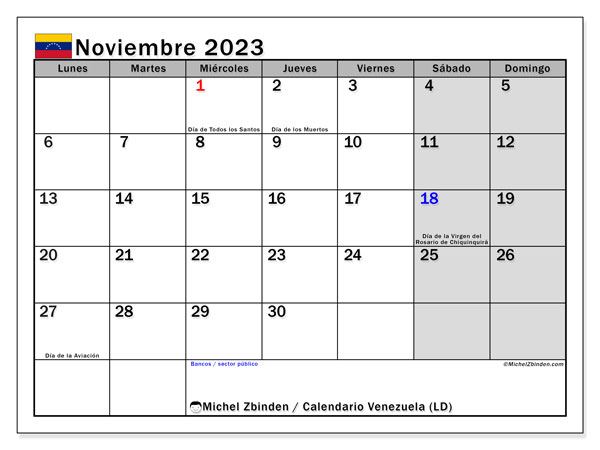Calendario para imprimir, noviembre 2023, Venezuela (LD)