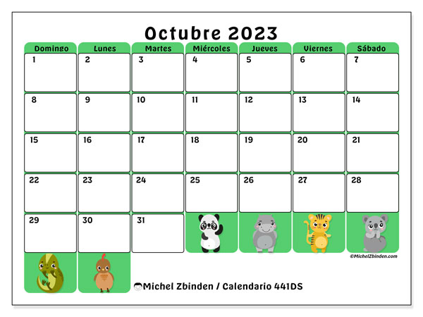 Calendario octubre 2023 “441”. Horario para imprimir gratis.. De domingo a sábado