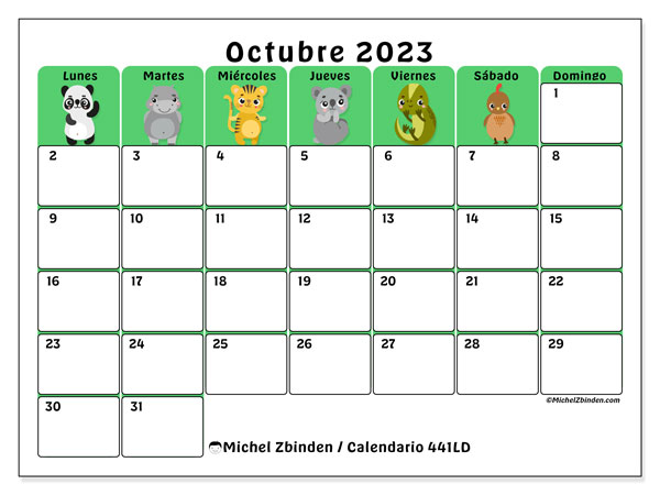 Calendario octubre 2023 “441”. Horario para imprimir gratis.. De lunes a domingo