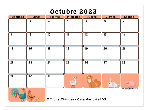 444DS, calendario de octubre de 2023, para su impresión, de forma gratuita.