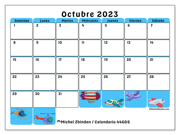 Calendario octubre 2023 “446”. Horario para imprimir gratis.. De domingo a sábado