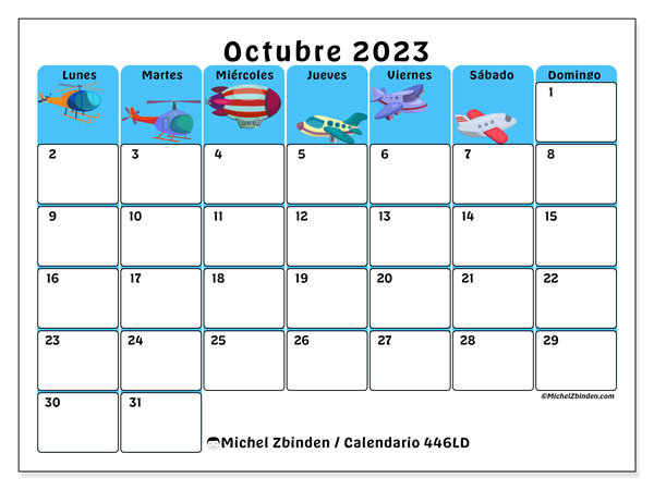 Calendario octubre 2023 “446”. Horario para imprimir gratis.. De lunes a domingo