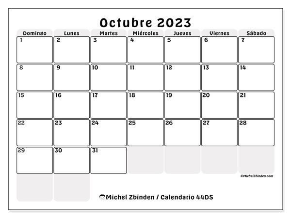 Calendario octubre de 2023 para imprimir. Calendario mensual “44DS” y planificación para imprimer gratis