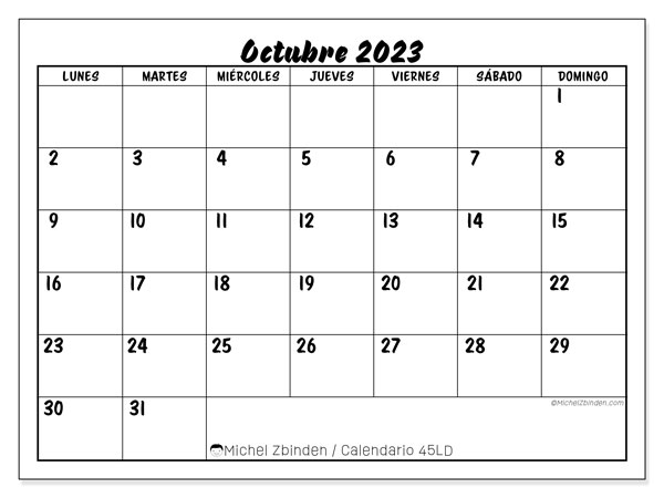 Calendario octubre 2023, 45LD. Diario para imprimir gratis.
