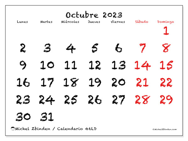Calendario octubre de 2023 para imprimir. Calendario mensual “46LD” y almanaque imprimibile