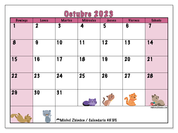 Calendario octubre 2023 “481”. Programa para imprimir gratis.. De domingo a sábado