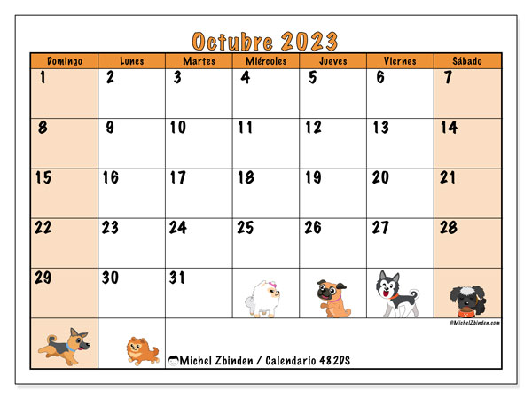 Calendario octubre 2023 “482”. Calendario para imprimir gratis.. De domingo a sábado