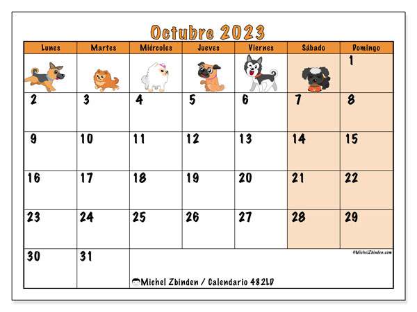 Calendario octubre 2023 “482”. Calendario para imprimir gratis.. De lunes a domingo