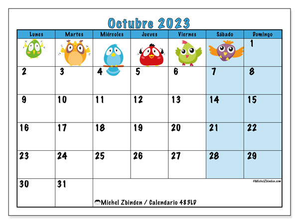 Calendario octubre 2023 “483”. Calendario para imprimir gratis.. De lunes a domingo