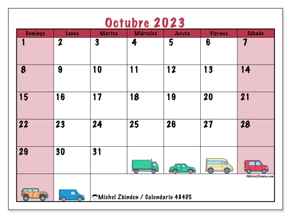 Calendario octubre 2023, 484DS. Diario para imprimir gratis.