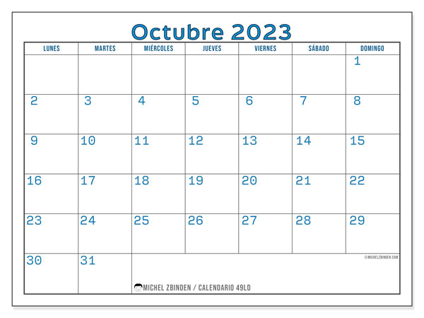Calendario octubre 2023, 49LD. Programa para imprimir gratis.