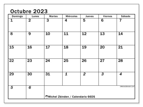 Calendario octubre 2023 “501”. Horario para imprimir gratis.. De domingo a sábado