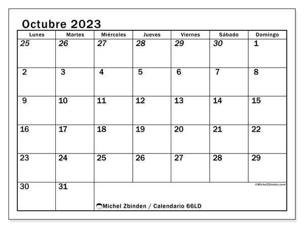 Calendario octubre 2023 “501”. Horario para imprimir gratis.. De lunes a domingo