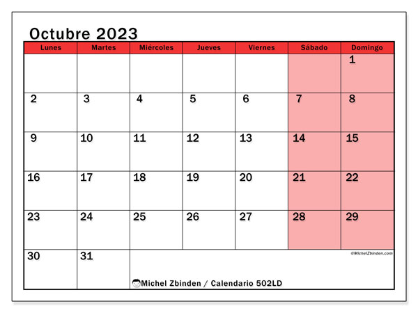 Calendario octubre 2023 “502”. Calendario para imprimir gratis.. De lunes a domingo