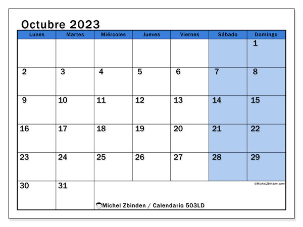 Calendario para imprimir, octubre 2023, 504LD